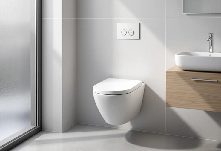 WC suspendu blanc sans bride dans une salle de bains moderne, avec plaque de commande murale, meuble vasque en bois clair et douche vitrée à proximité.