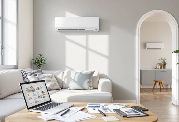 Salon lumineux avec climatisation murale split installée au-dessus d’un canapé, illustrant un air conditionné résidentiel moderne et discret.